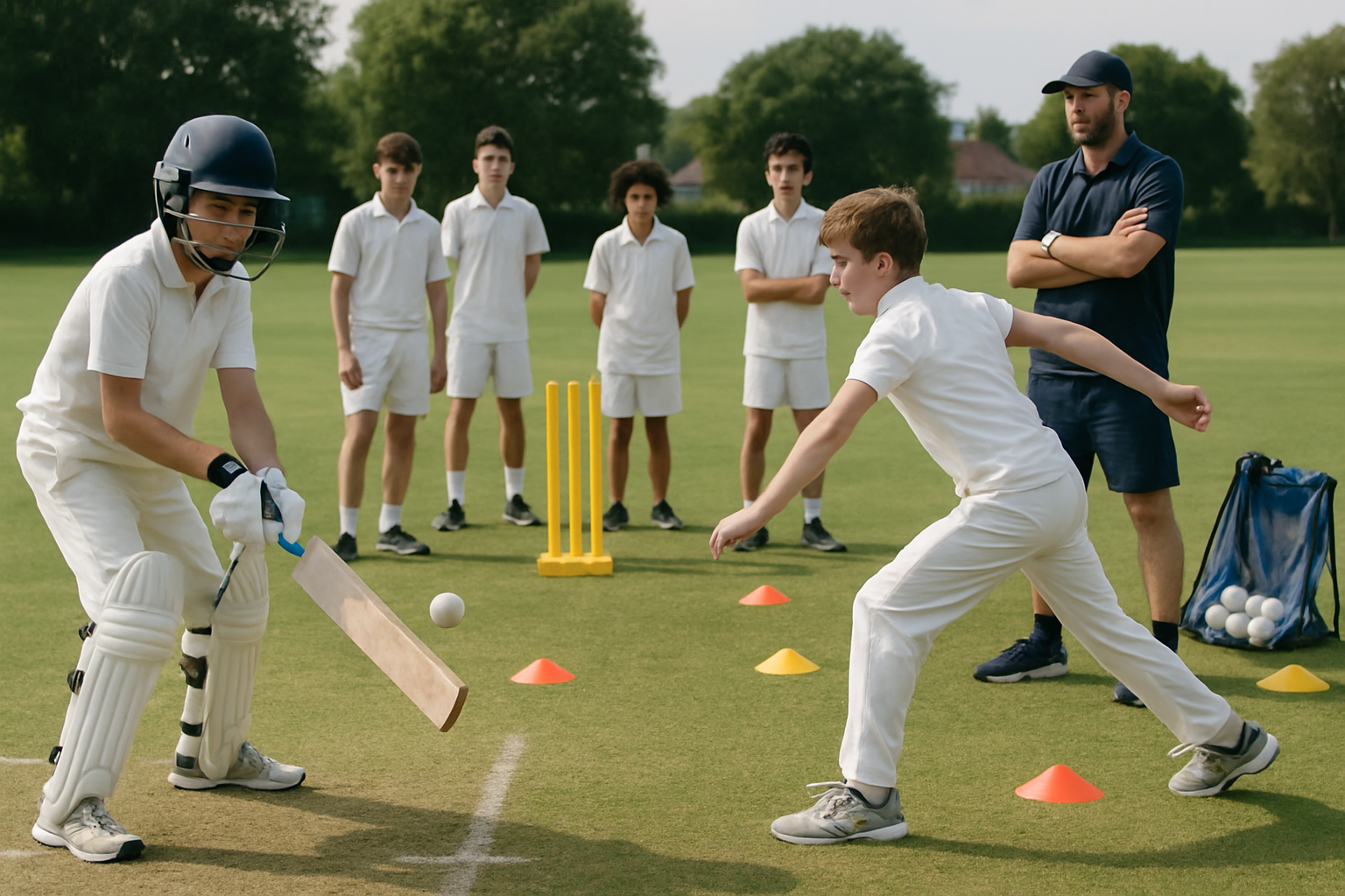Young cricket players practicing skills during a structured academy training session