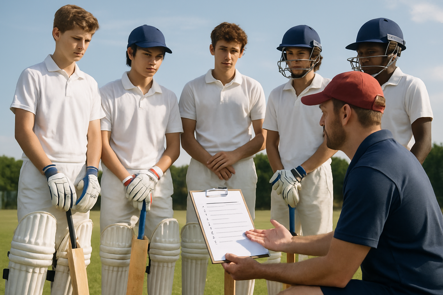 Coach reviewing cricket trial preparation checklist with young players during practice