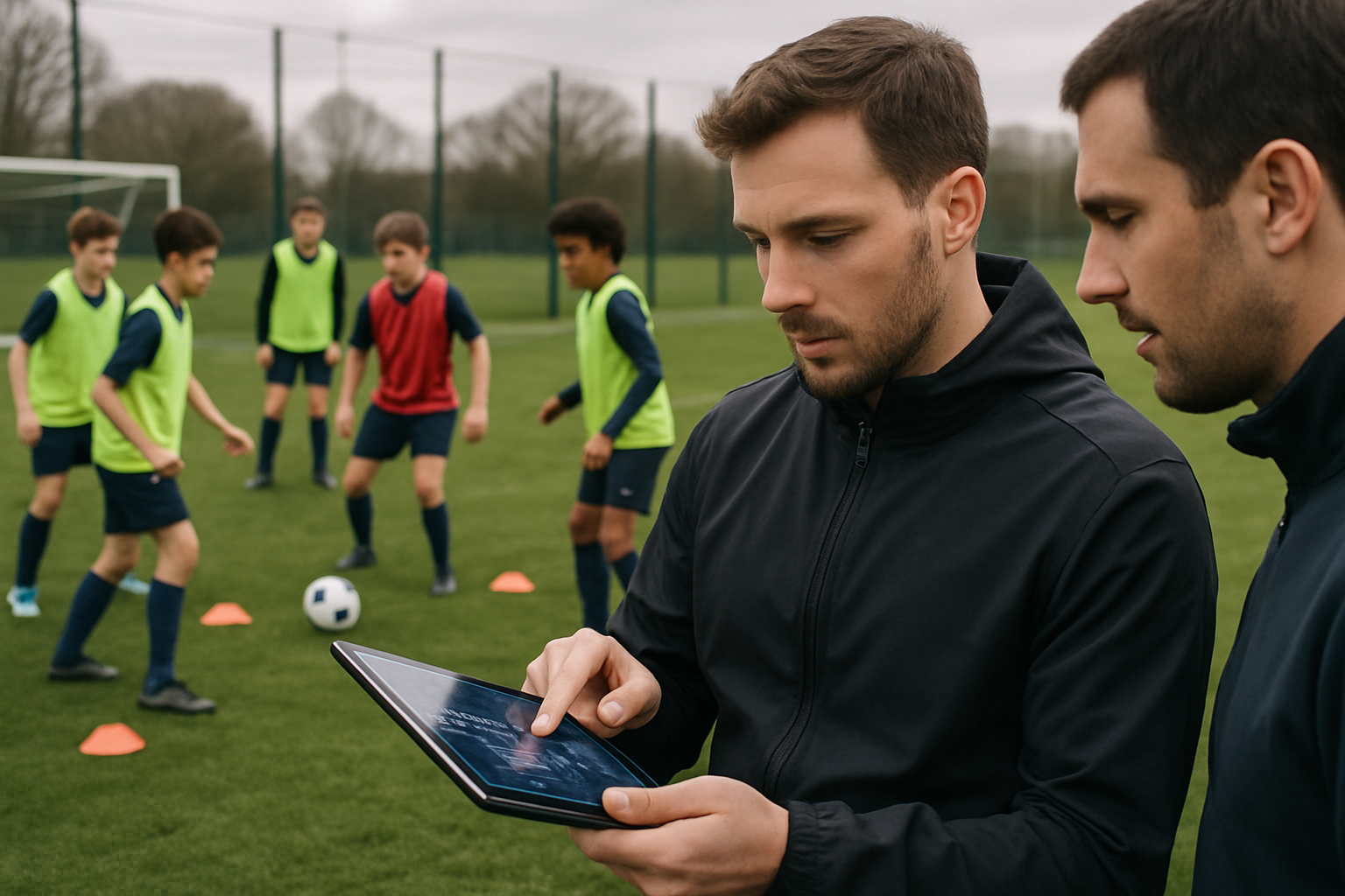 Coach analyzing a football player’s passing drill data on tablet during grassroots training session