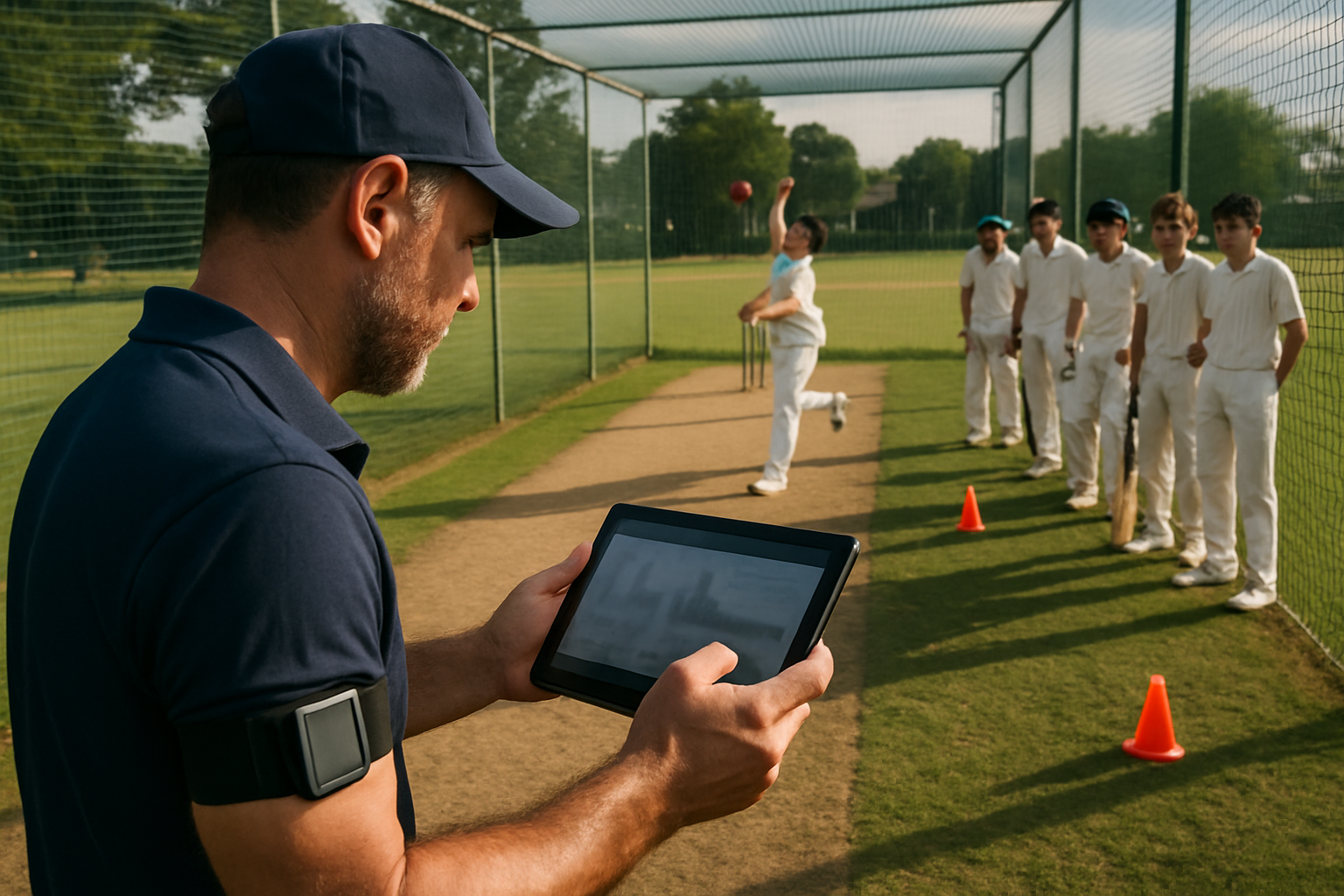 Cricket coach using wearable device and video analysis for bowling training with young players in a grassroots academy