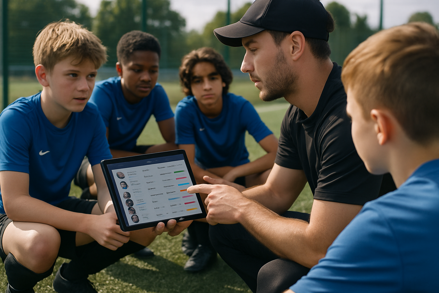 Coach reviewing digital player profiles with young football players on tablets at a training ground