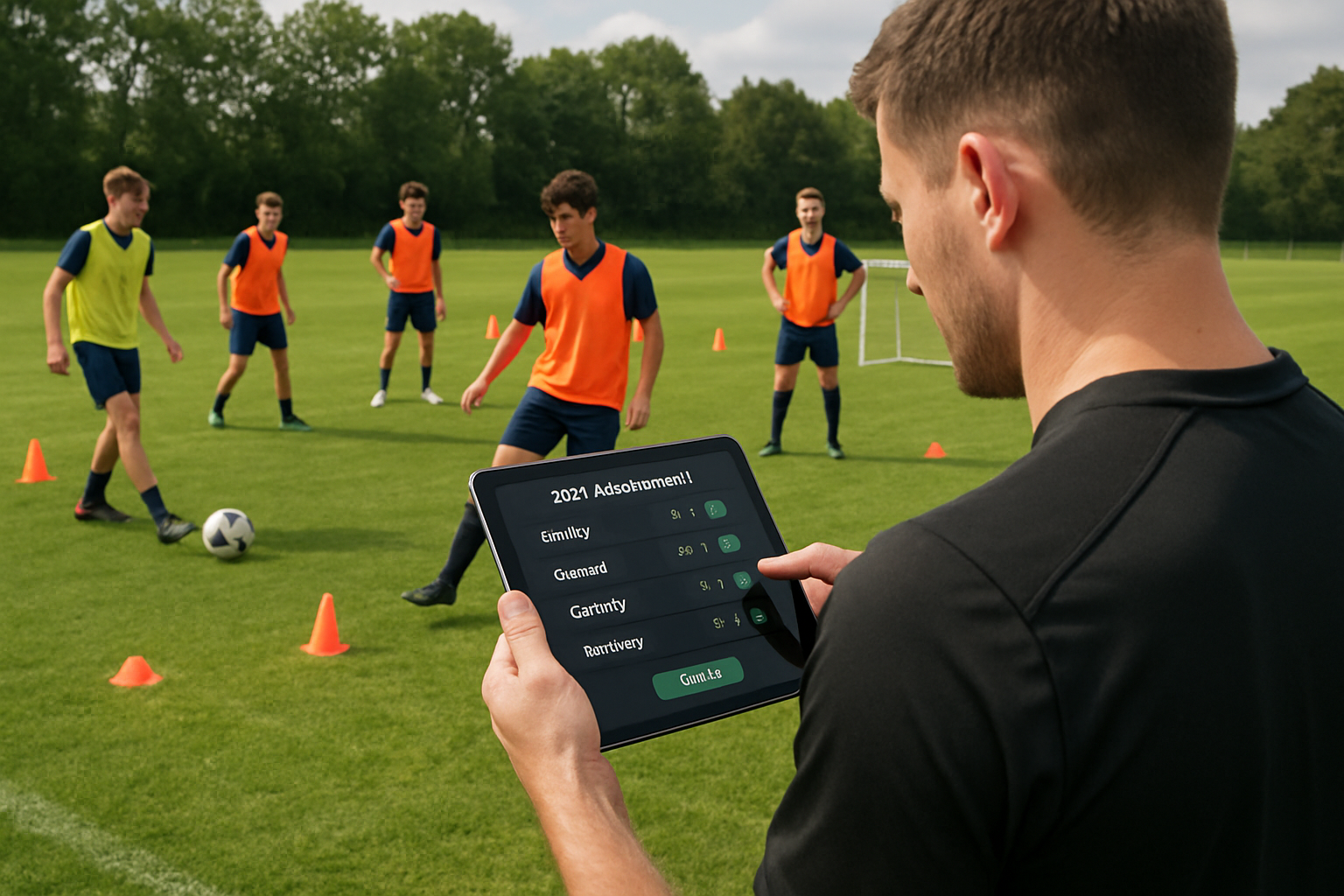 Coach entering skill assessment data on a tablet during a football training session with young players
