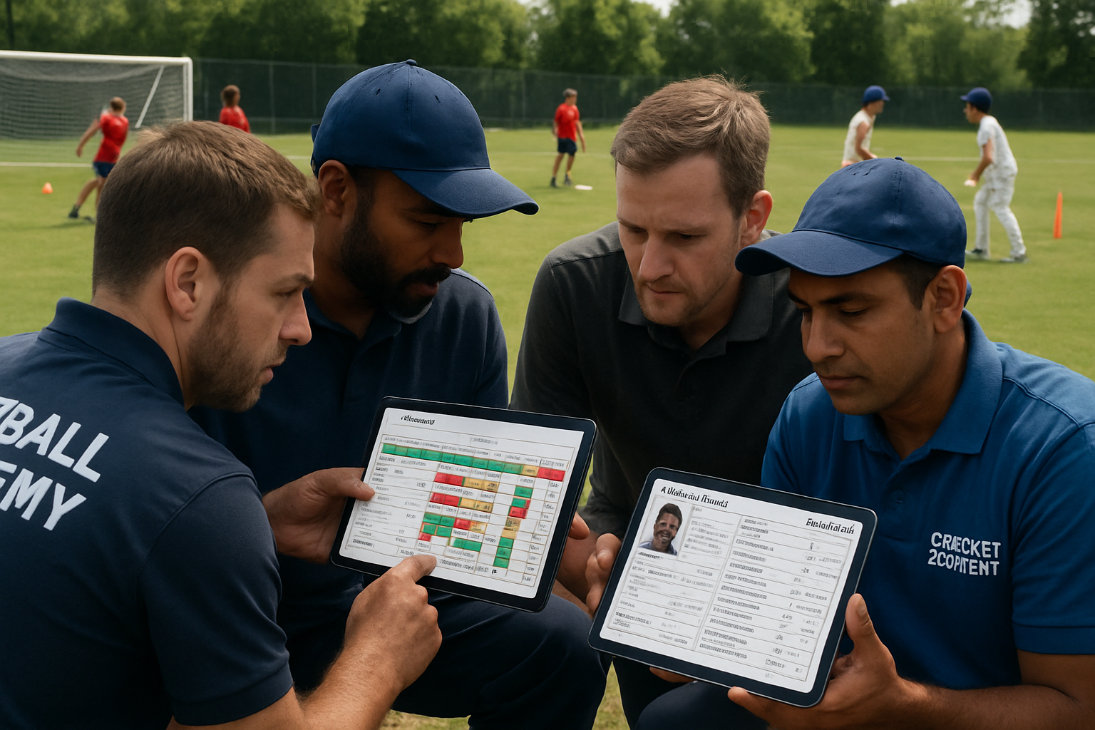 Football and cricket coaches reviewing digital player records on tablets at a grassroots academy training ground