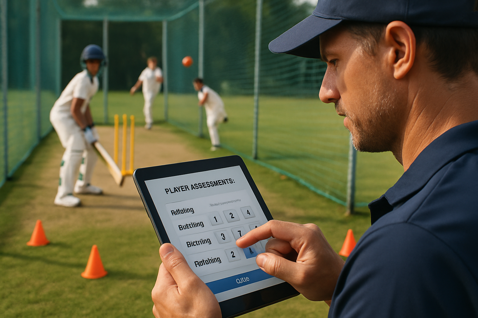 Coach entering player skill assessments into a digital tablet during a cricket net session