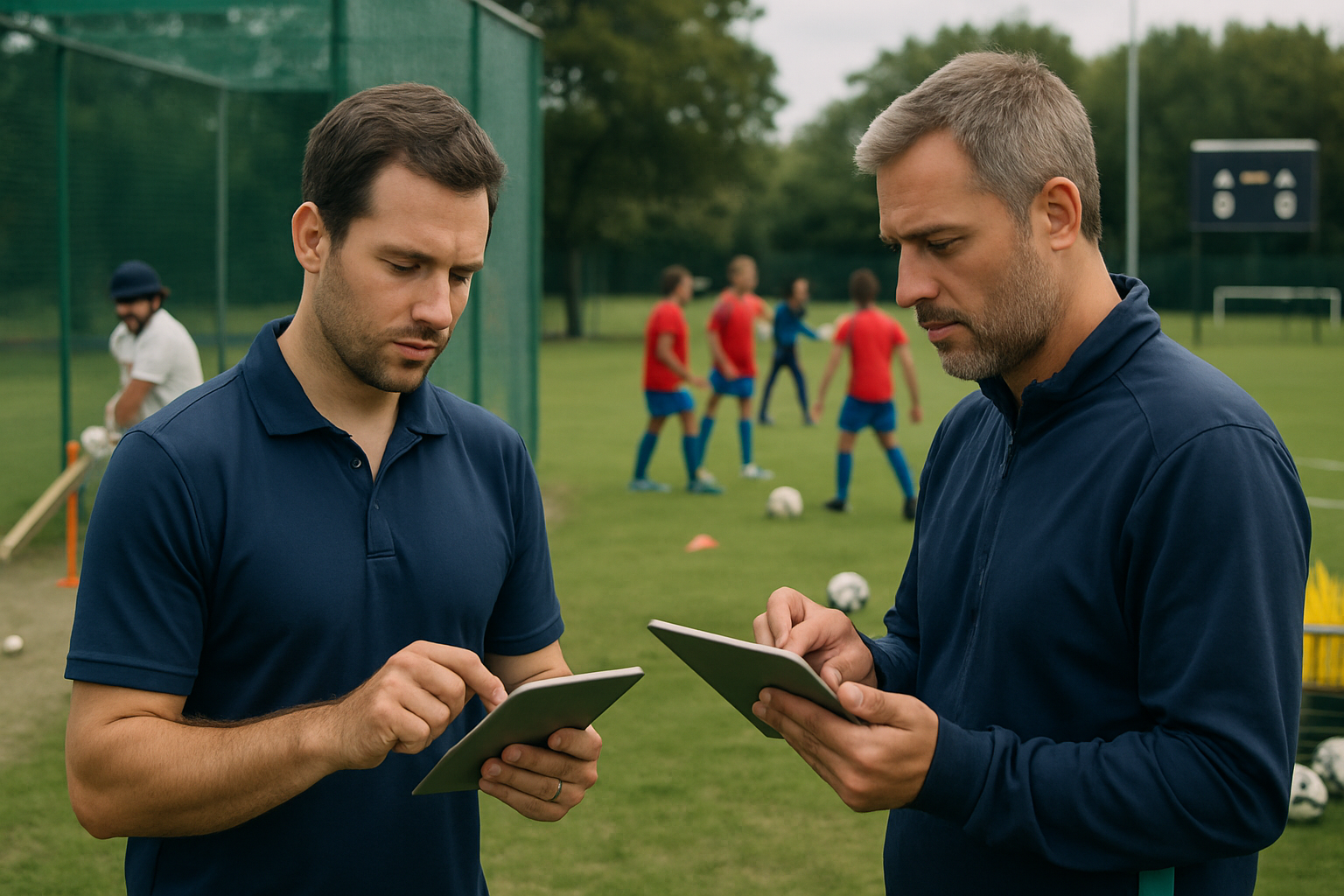 Football and cricket coaches using digital tablets to plan sessions and track player attendance at a youth academy