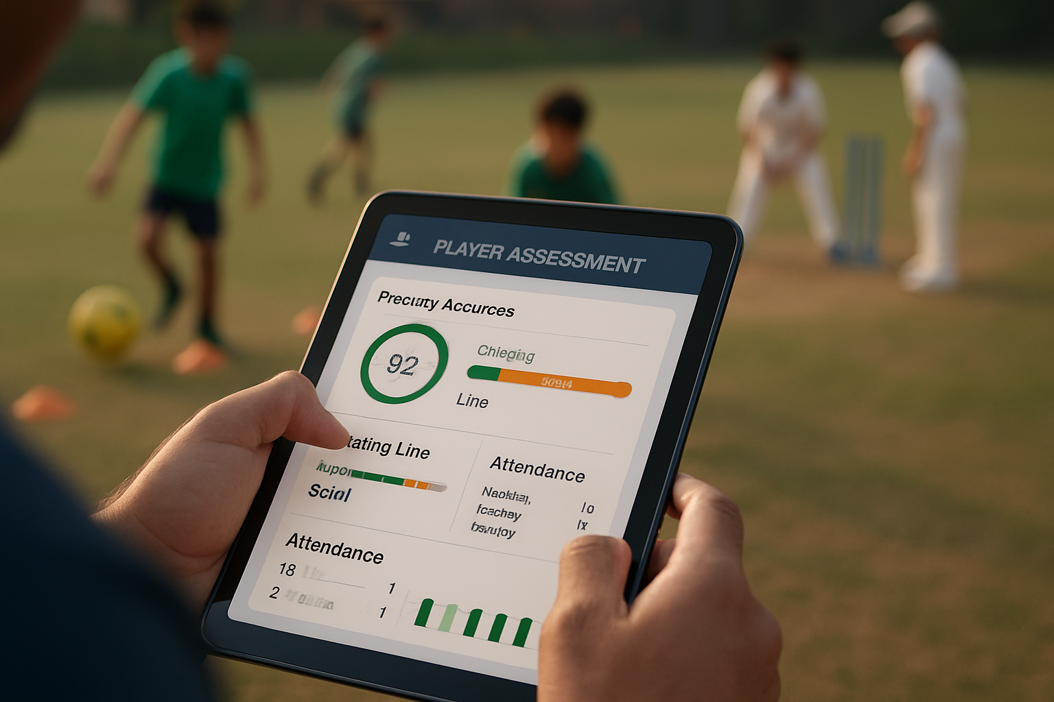 Coach entering player skill assessment data into sports academy management software during football and cricket training