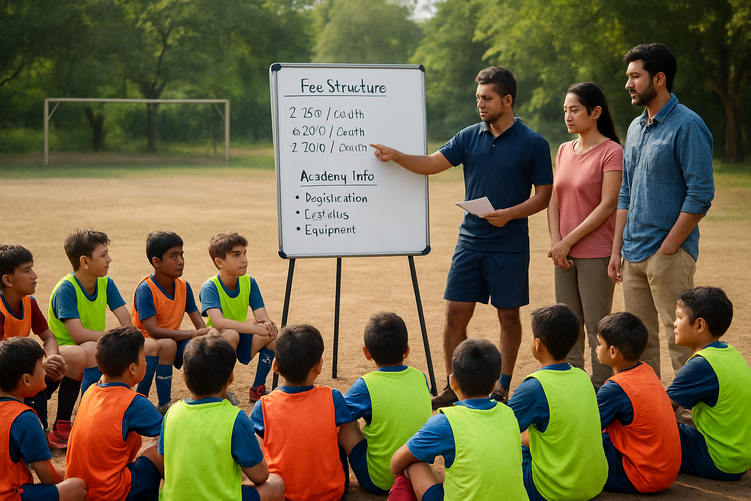 Youth football training session at a local Indian academy with players and coaches discussing fee details