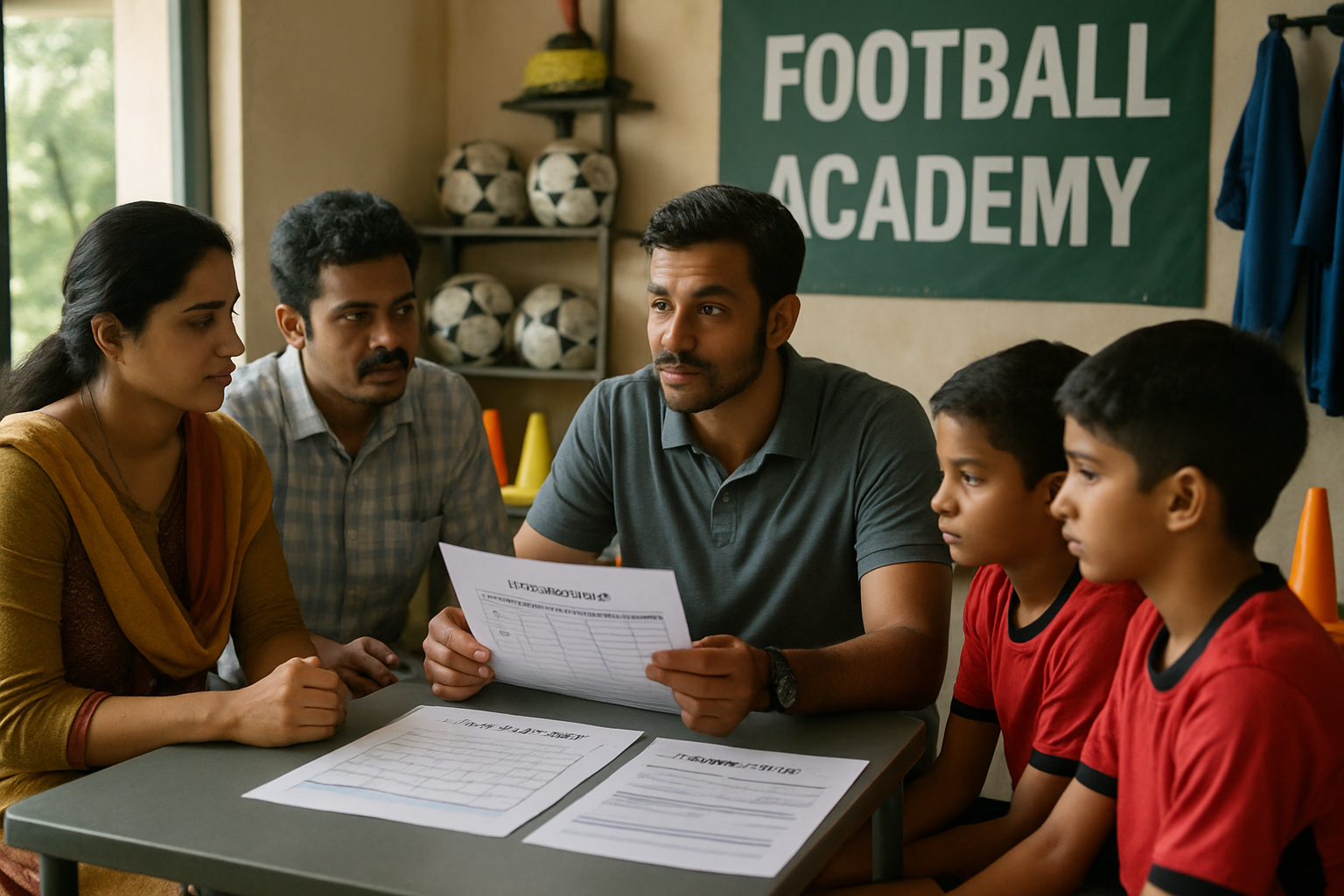 Coach reviewing player development and fee payment schedules with parents in grassroots football setting