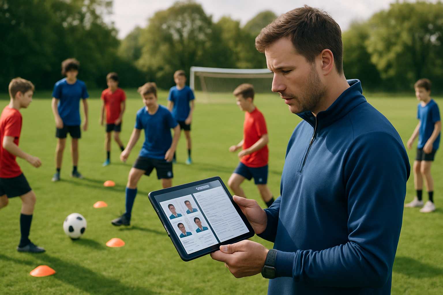 Football coach managing training schedules and player progress on a digital tablet during a grassroots training session