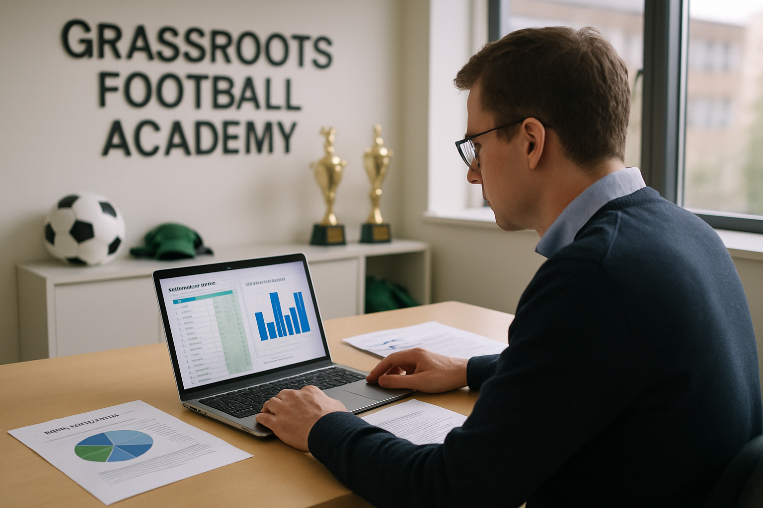 Football academy administrator reviewing player attendance and assessment reports on a laptop in an office setting