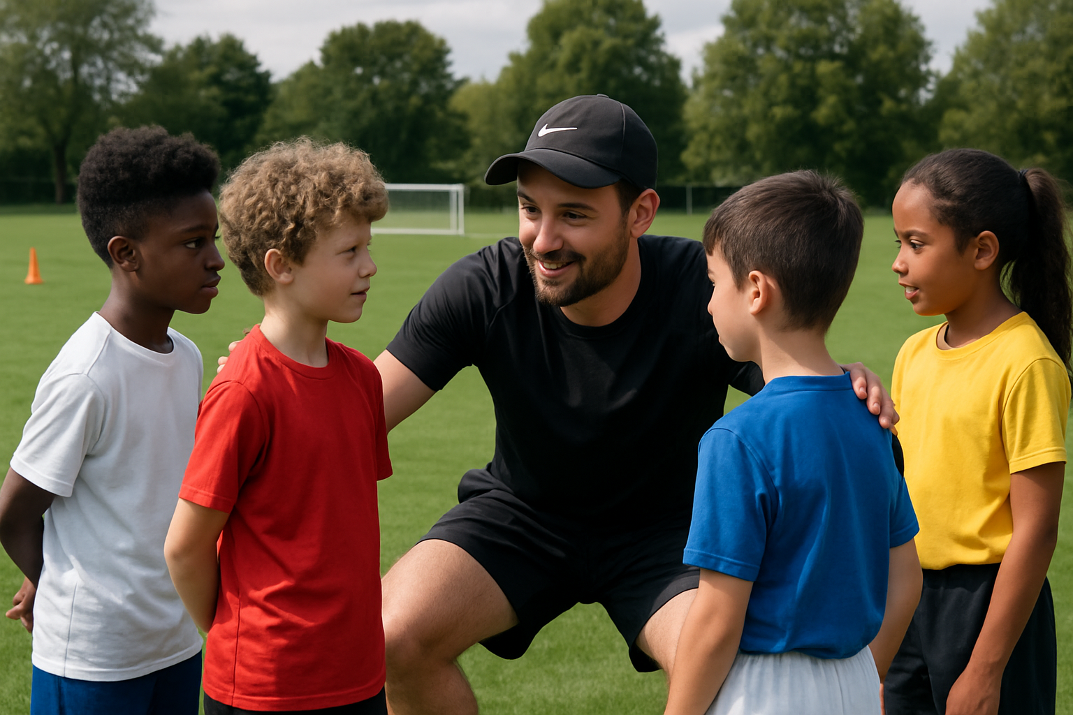Youth football coach engaging with players during an open training session in a community academy setting