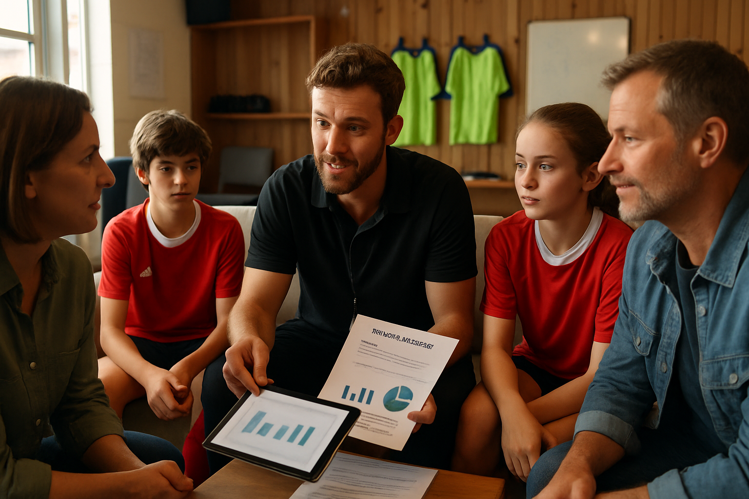 Coach reviewing player development progress with parents and players in a grassroots academy environment
