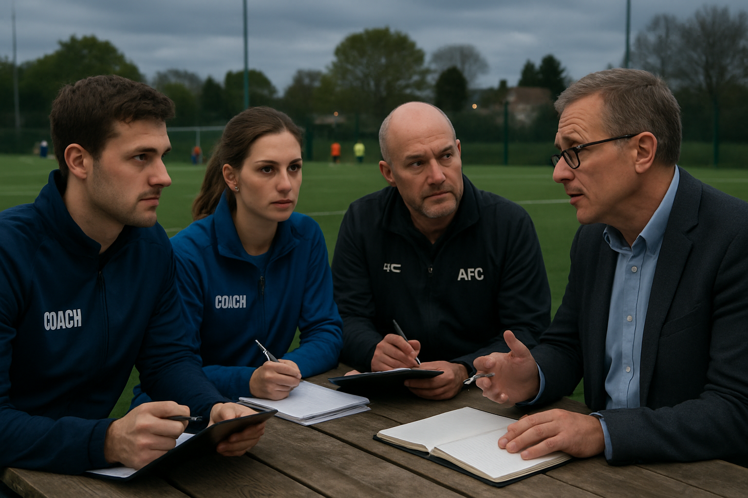 young football coaches and academy staff discussing club finances in grassroots football setting