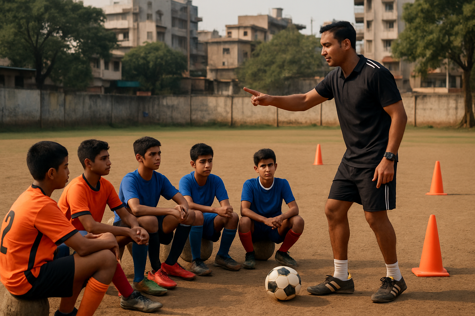 Youth football coach guiding young players in a structured training session in India