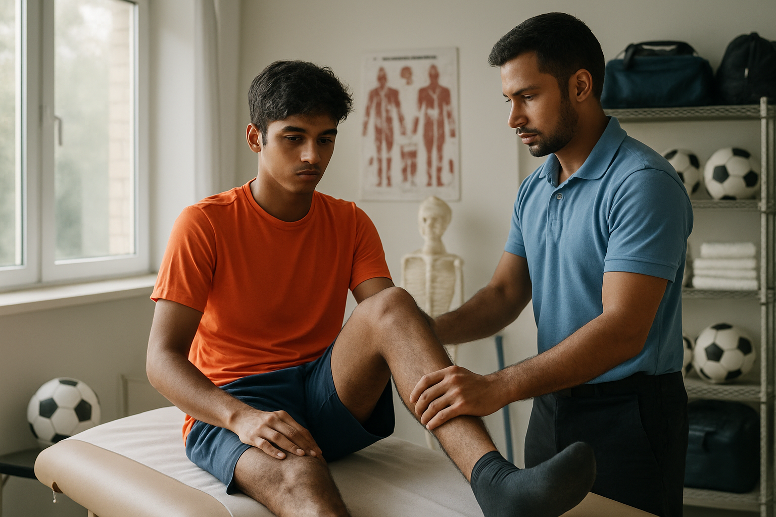 Football physiotherapist assisting a youth player with rehabilitation exercises in Indian football club