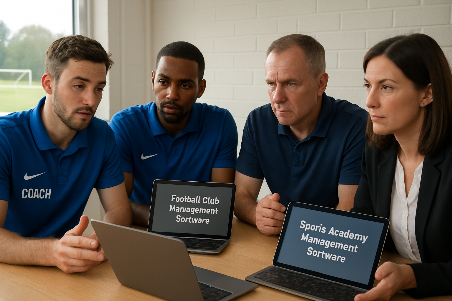 Youth football coaches and academy staff in a meeting discussing management software options