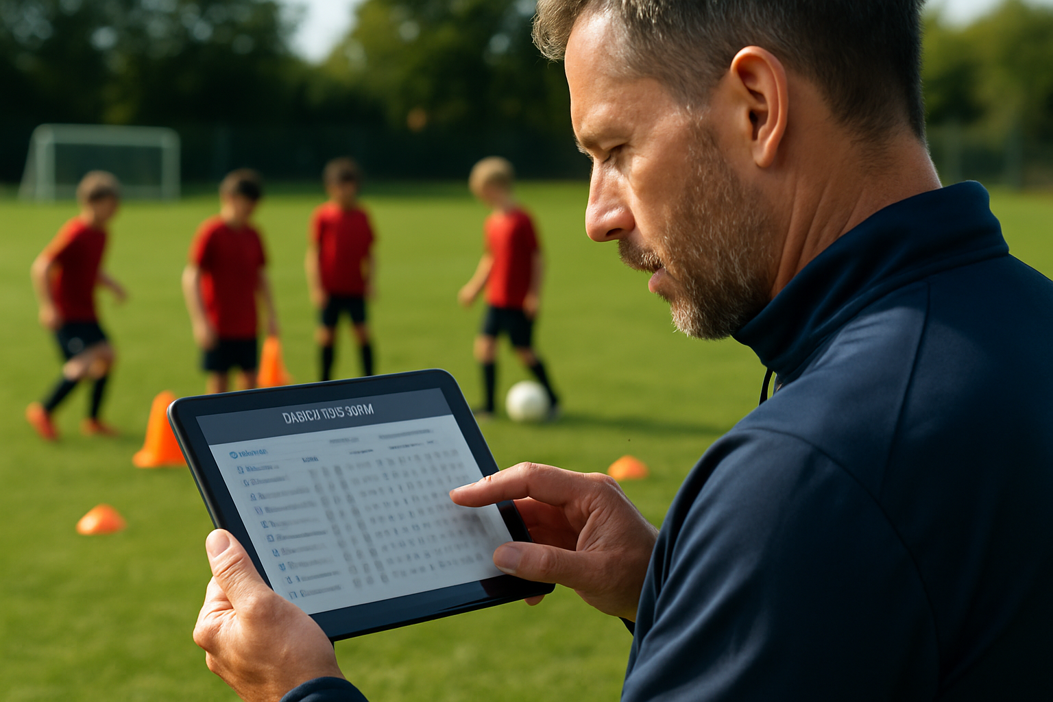 Coach using digital sports academy management software on a tablet to track player attendance and assessments