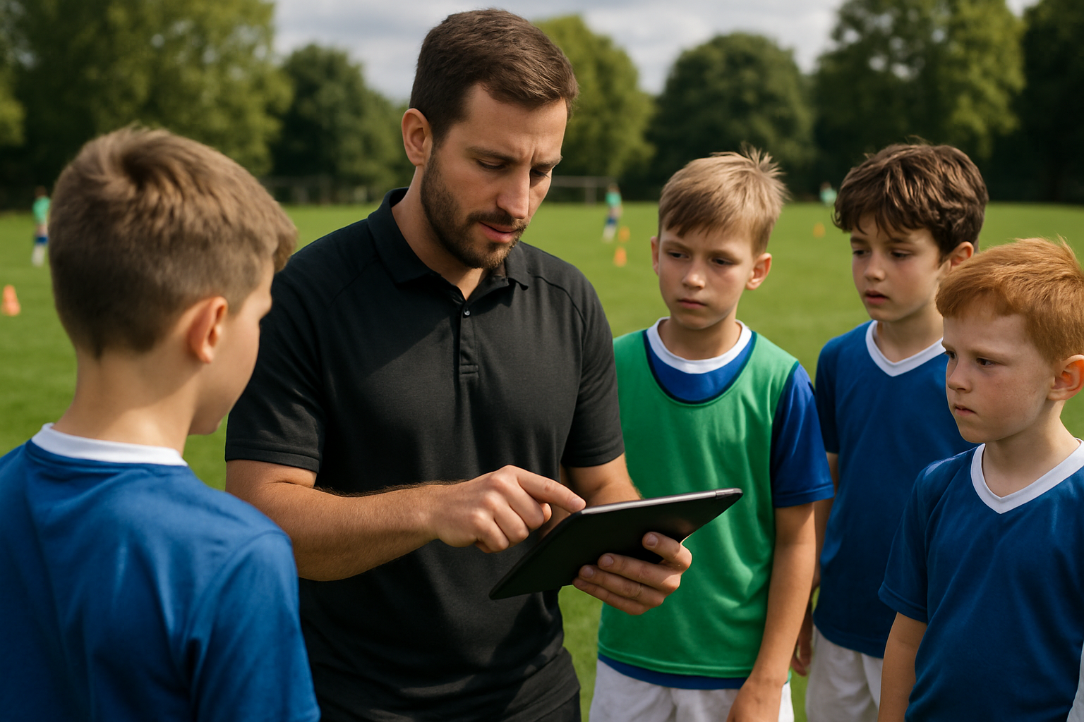Grassroots football coach using a mobile app to plan training session on the field with youth players