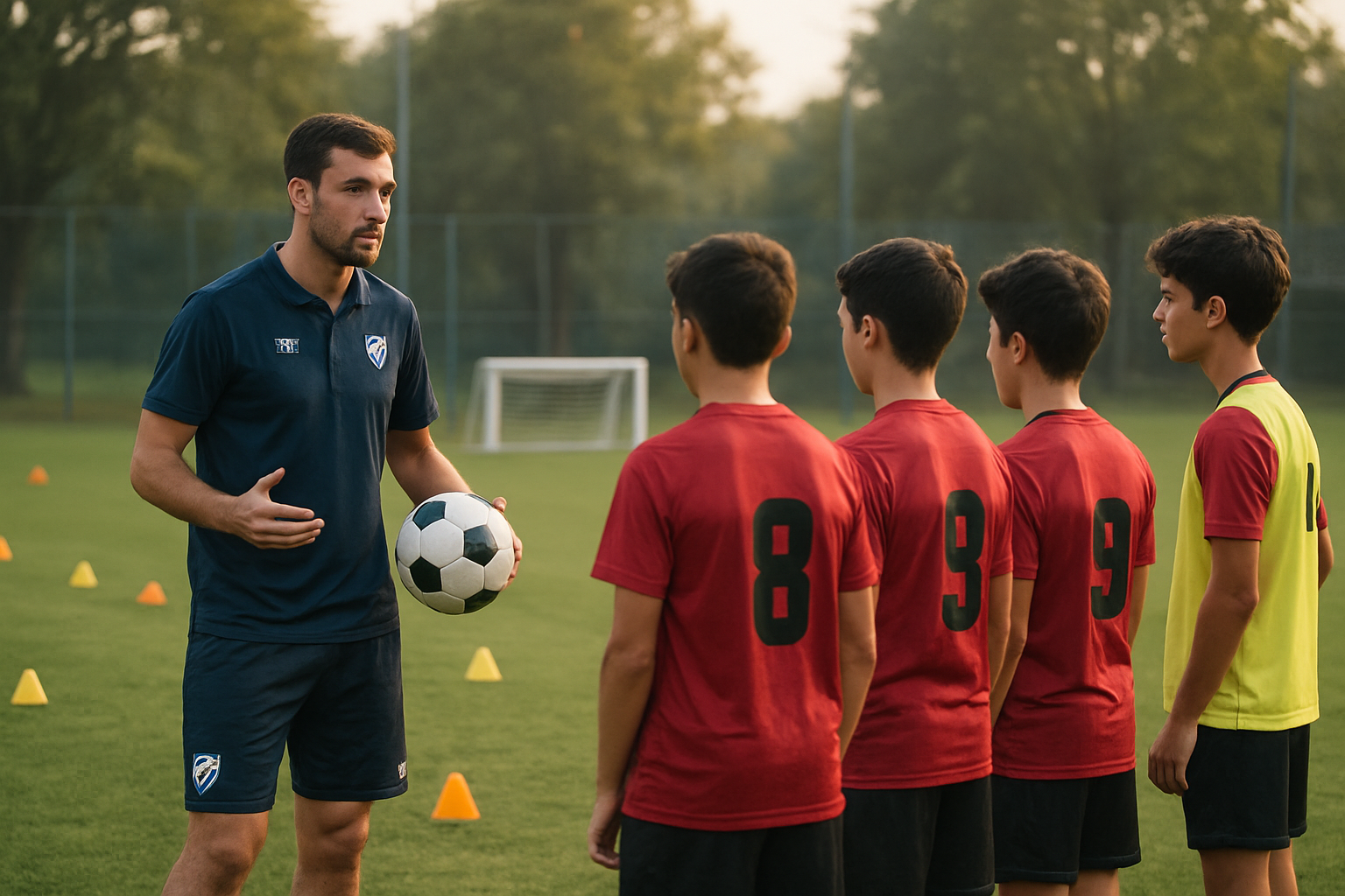 Youth football coach delivering a structured training session during an AIFF coaching license course at a grassroots academy
