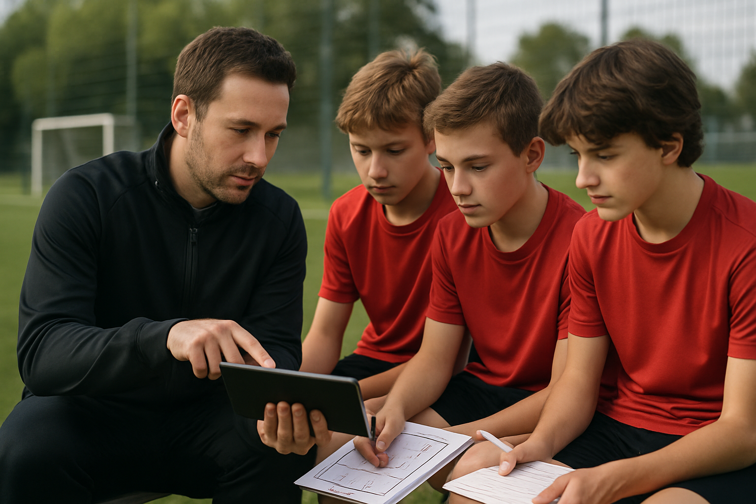 Coach and players reviewing training session during grassroots football club development program with AIFF licensing elements