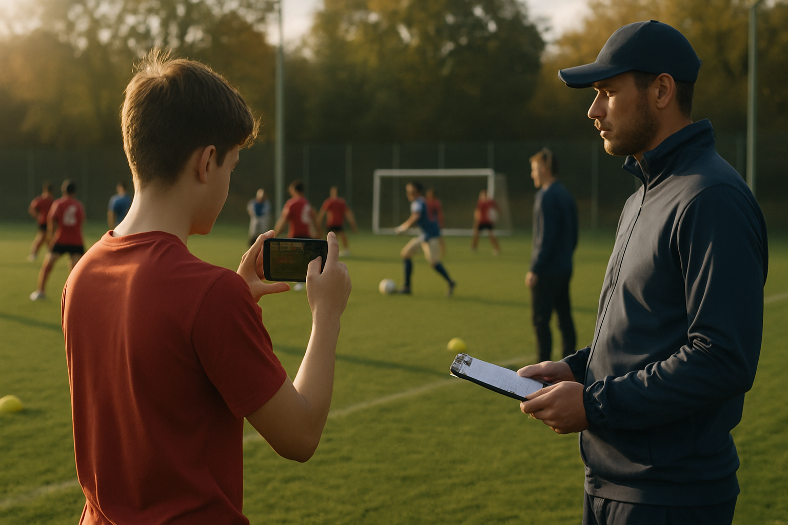 Youth football player recording match footage on a phone with coach supervising