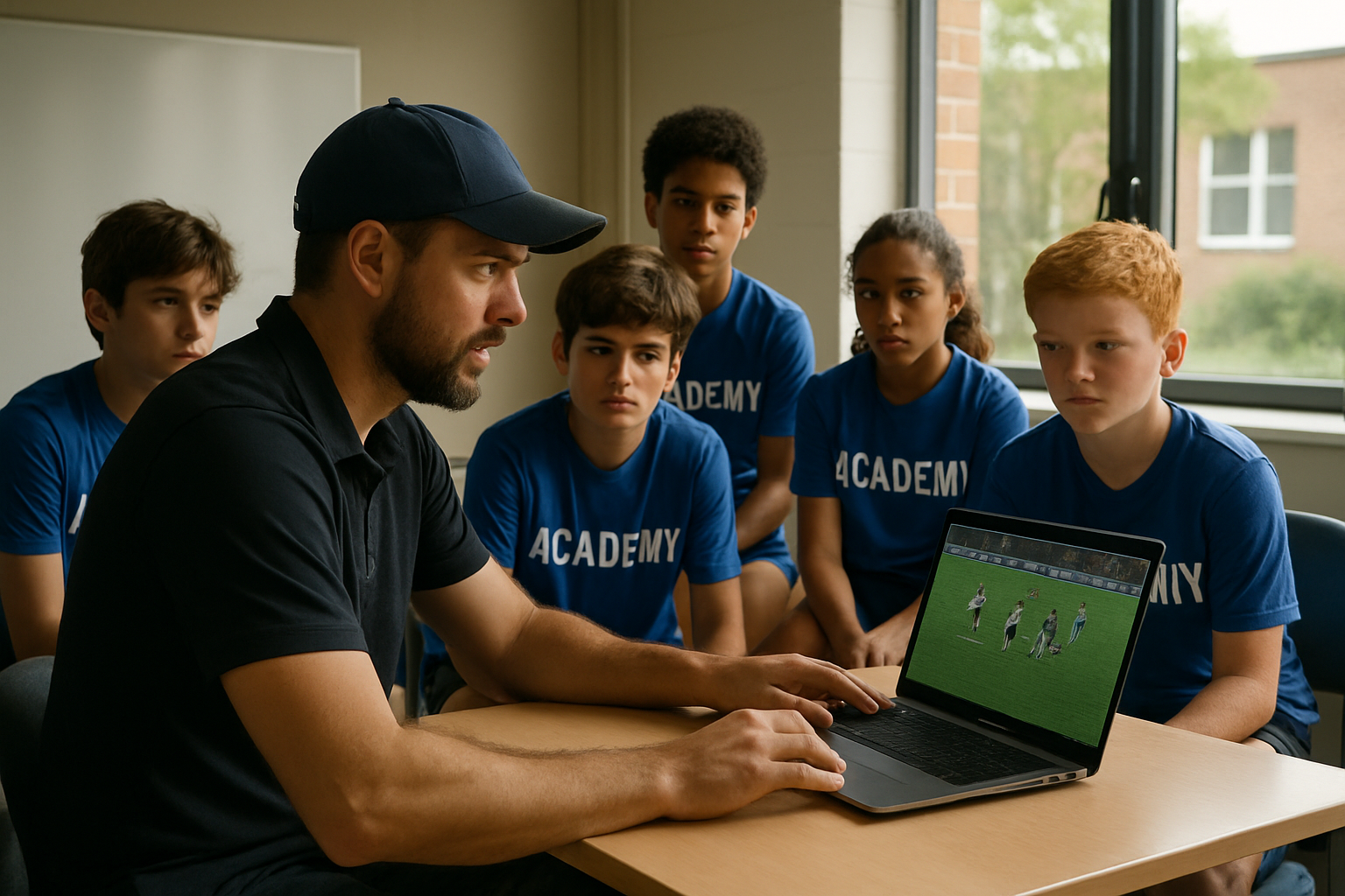 Coach reviewing player highlight videos on a laptop with youth players around