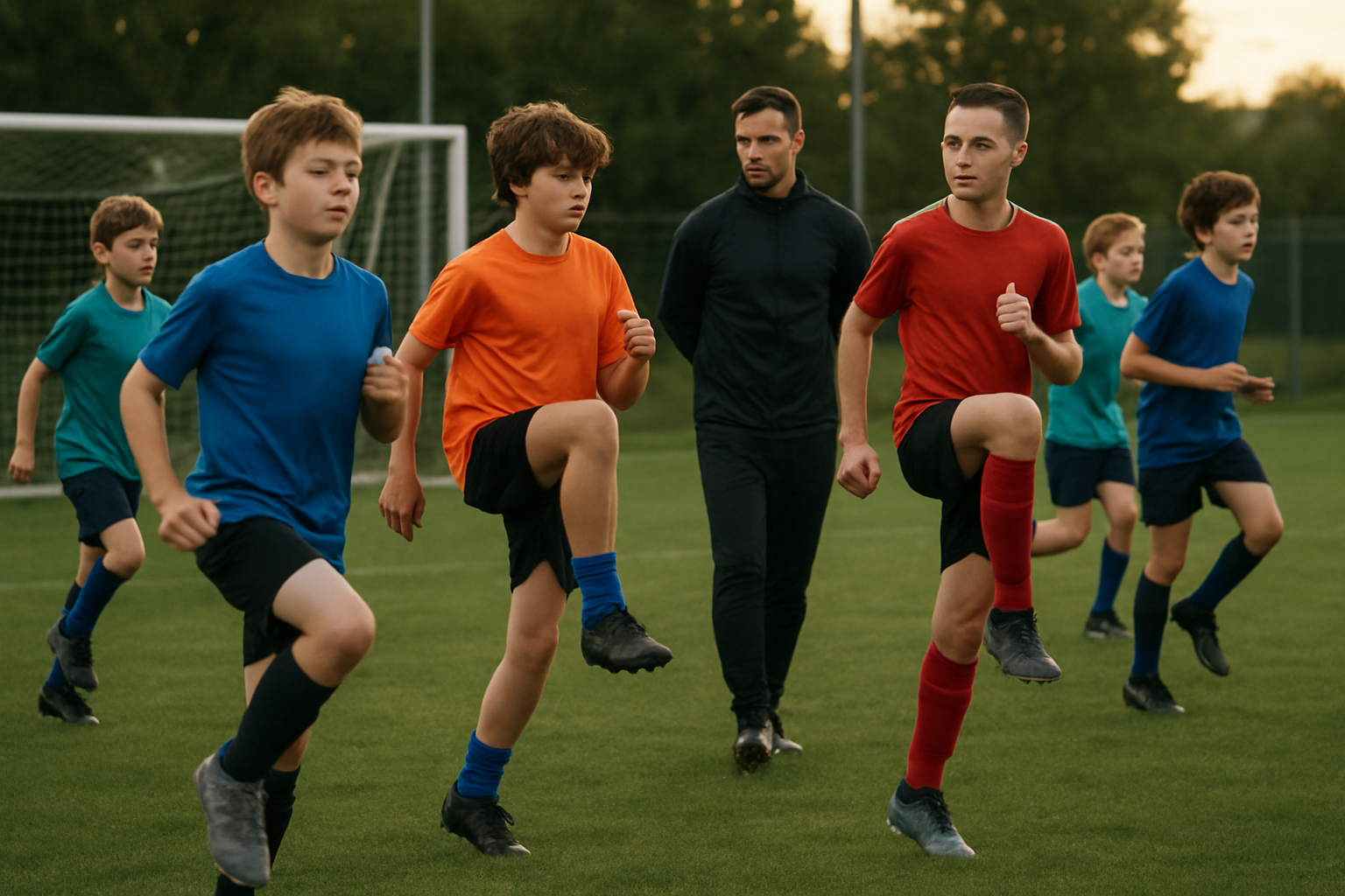 young players performing warm-up exercises on a football pitch during training