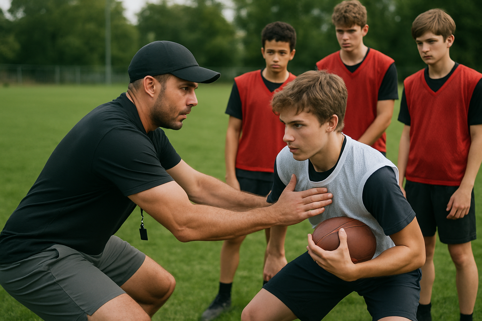 coach demonstrating safe tackling techniques to youth football players in training