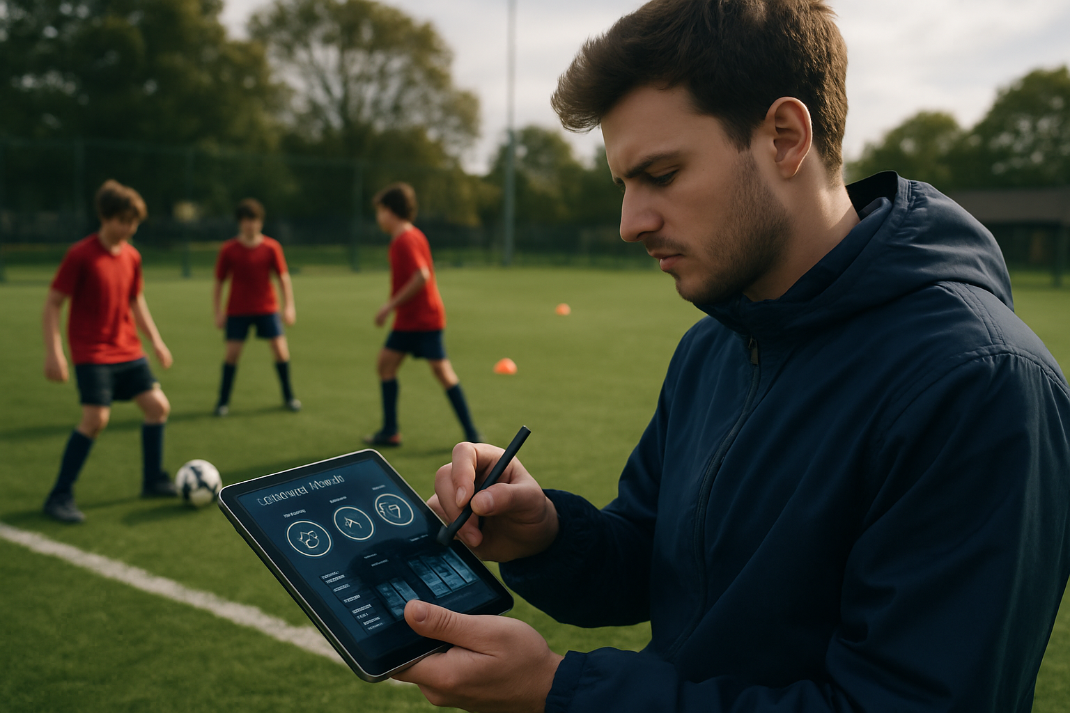 youth football coach using a tablet for player skill assessment during training session