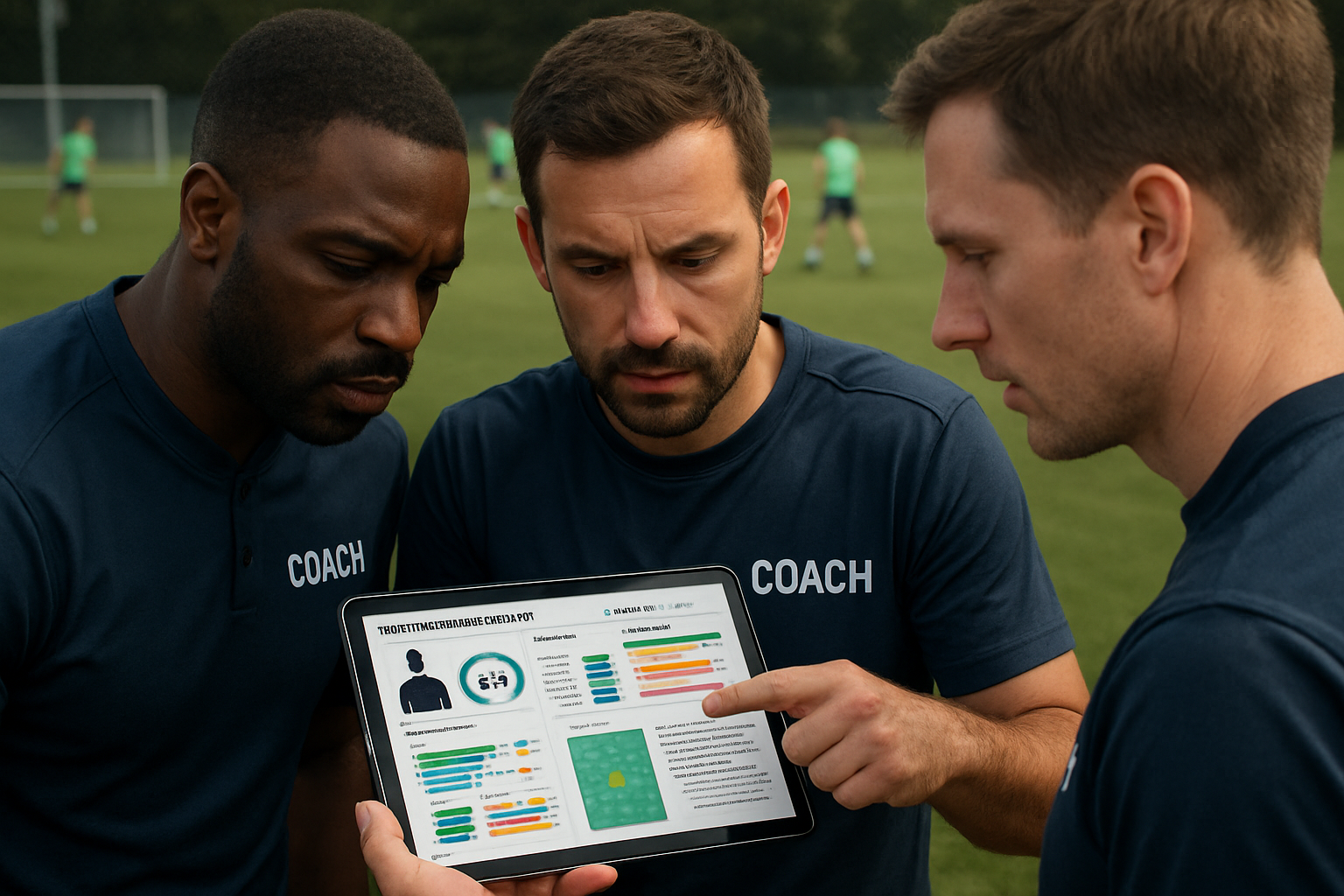 coach reviewing football player performance data on a digital app with assistant coaches