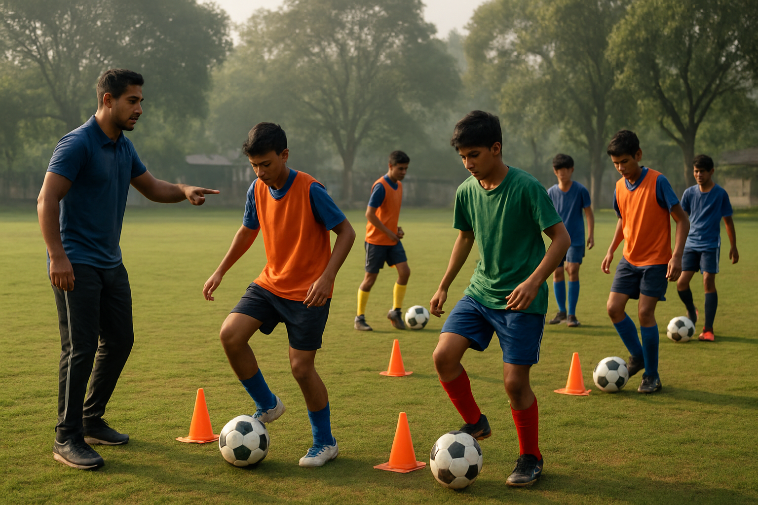 young Indian football players training on a local academy ground during a structured session