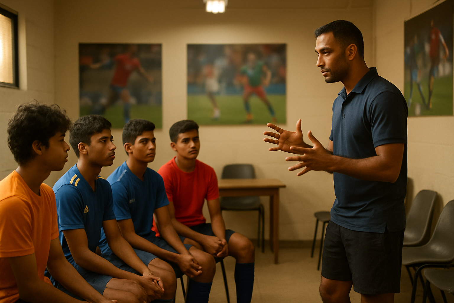 coach explaining football scholarship trial preparation to young Indian players in a classroom setting