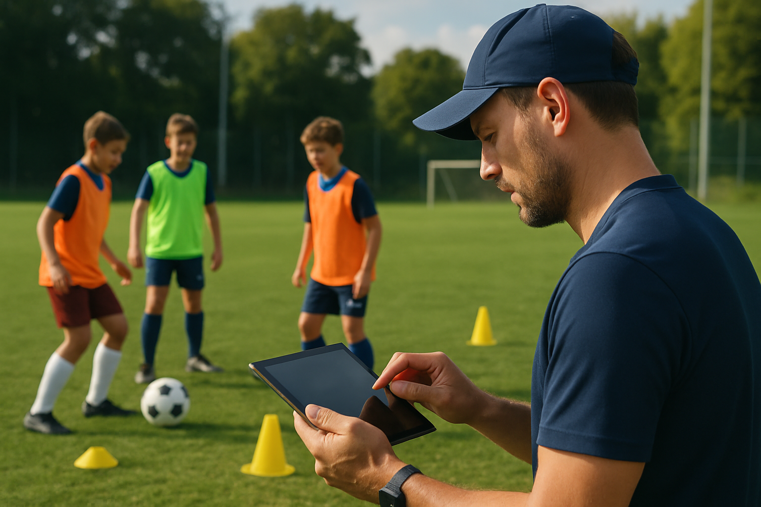 Youth football coach using a digital scouting platform on a tablet during a training session