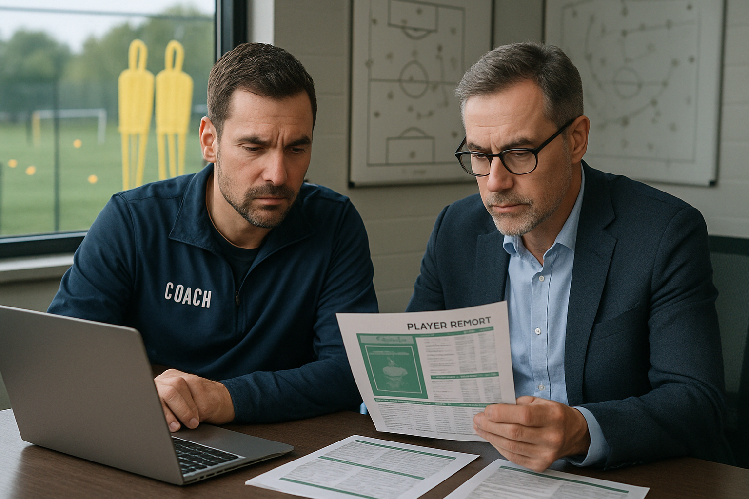 Coach discussing player performance data with academy staff in a modern football academy office