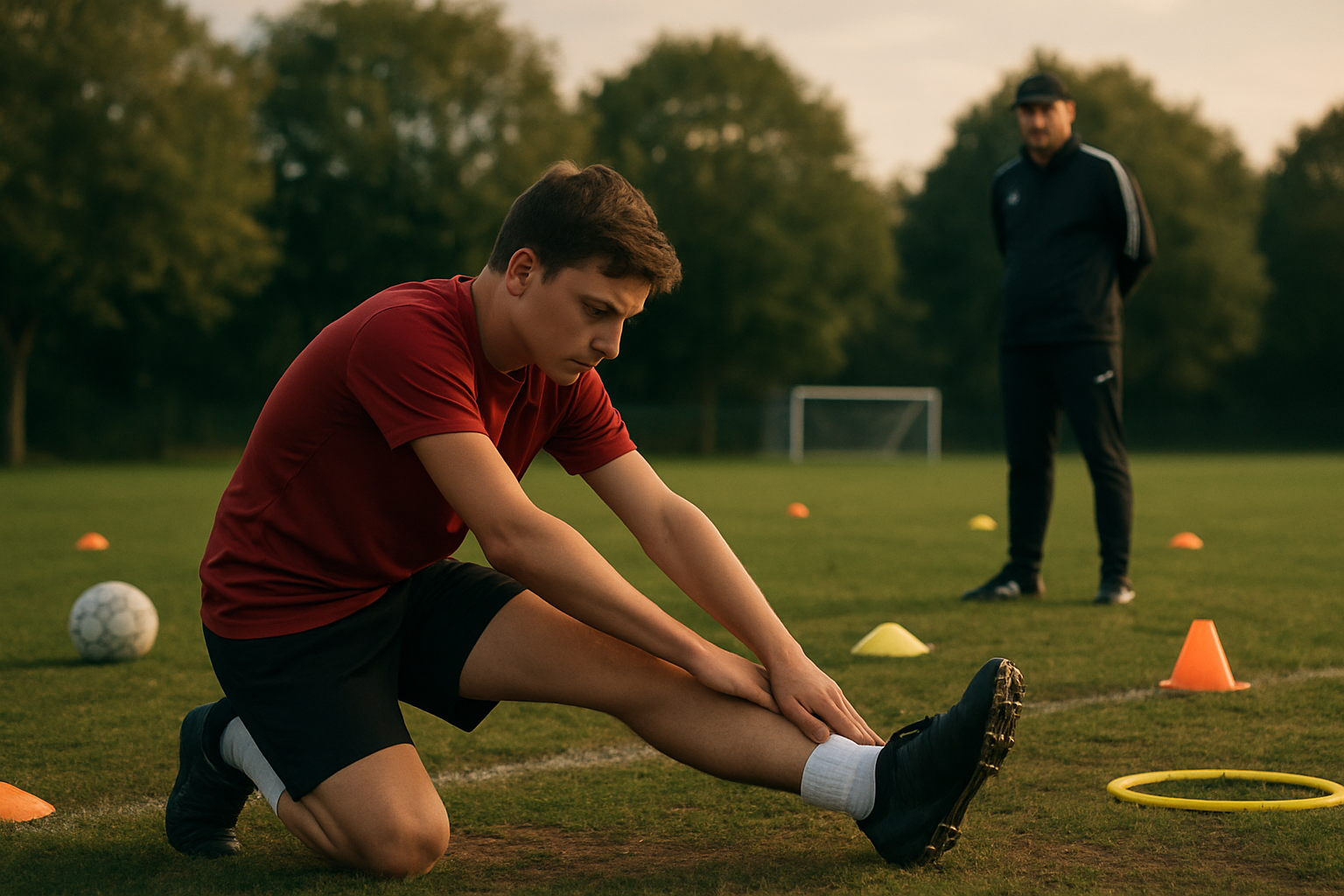 Youth football player doing post-training stretching on local pitch