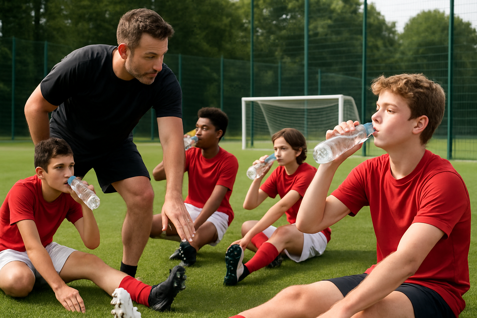Coach guiding young footballers through recovery stretching and hydration