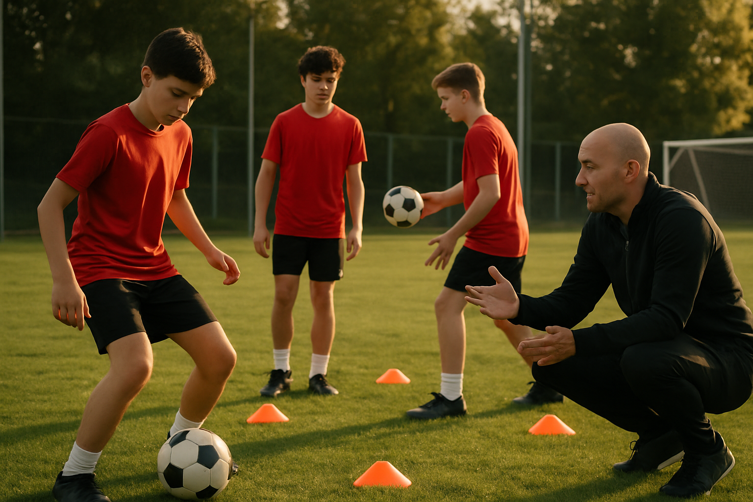 Youth football players training with a coach focusing on ball control and passing drills
