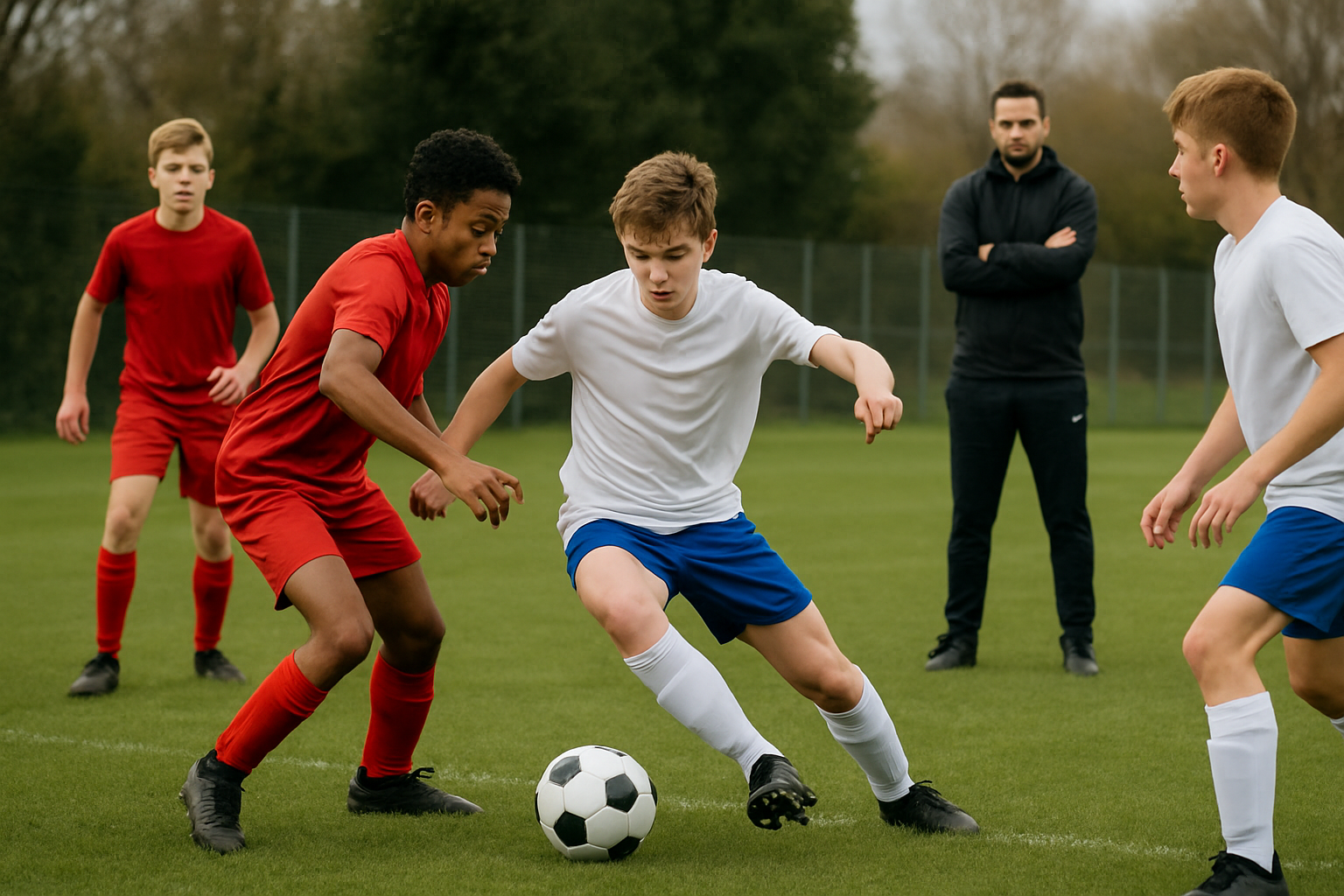 Young football player demonstrating teamwork and decision-making during a trial match