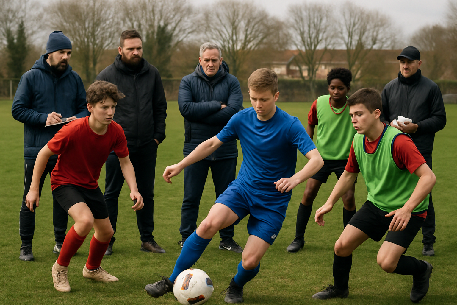 Youth football players participating in a focused trial evaluation session