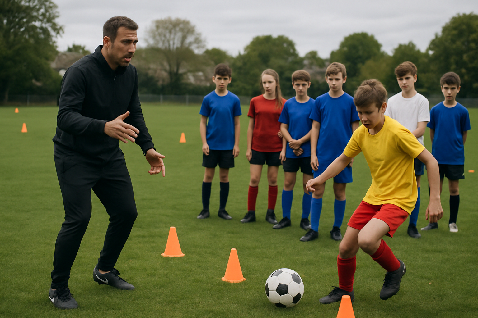 Coach guiding young players through a structured training and trial preparation session