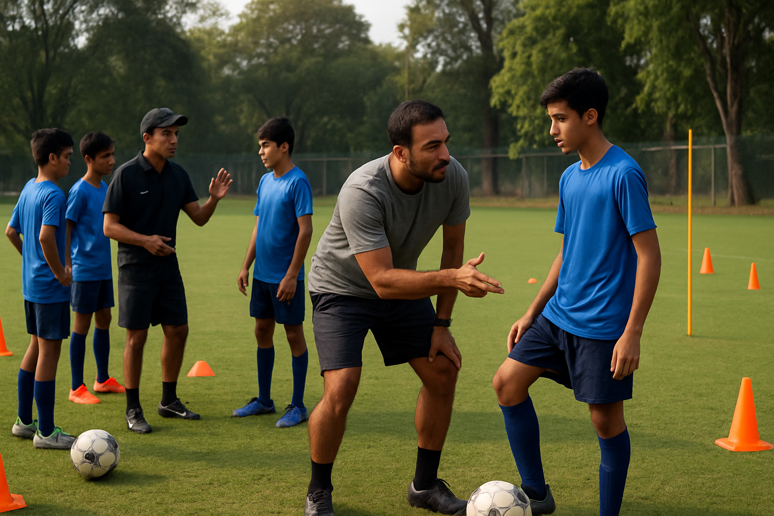 Youth football academy training session showing coaches and players in a structured environment