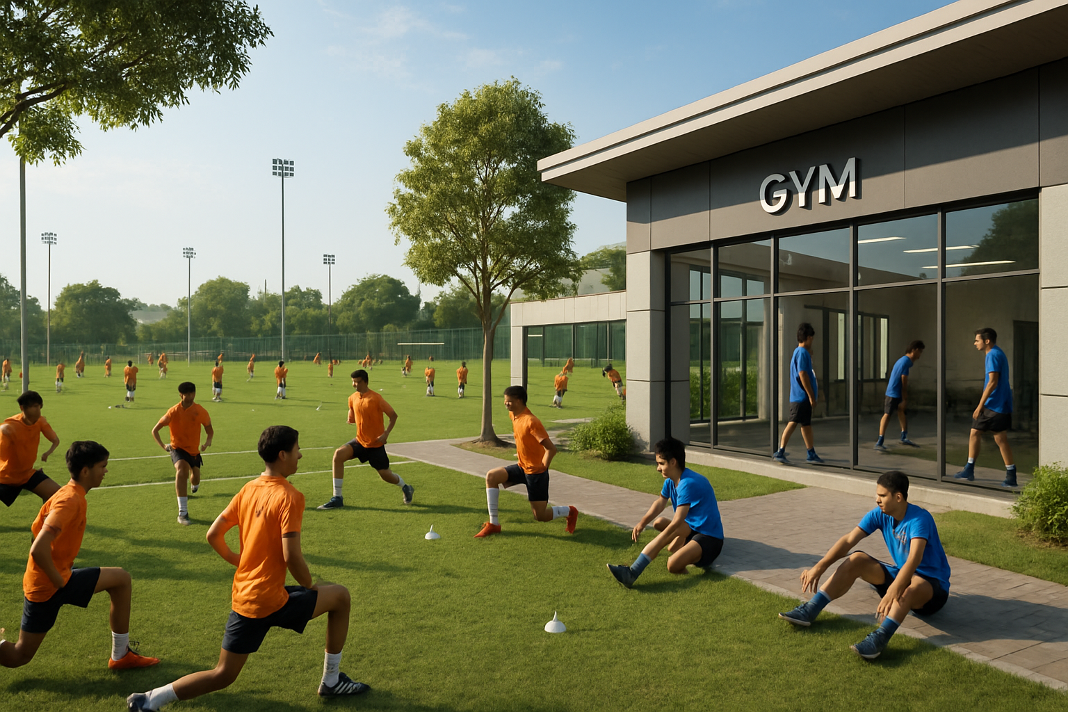 Modern football academy infrastructure with training fields and gym facilities for youth players in India