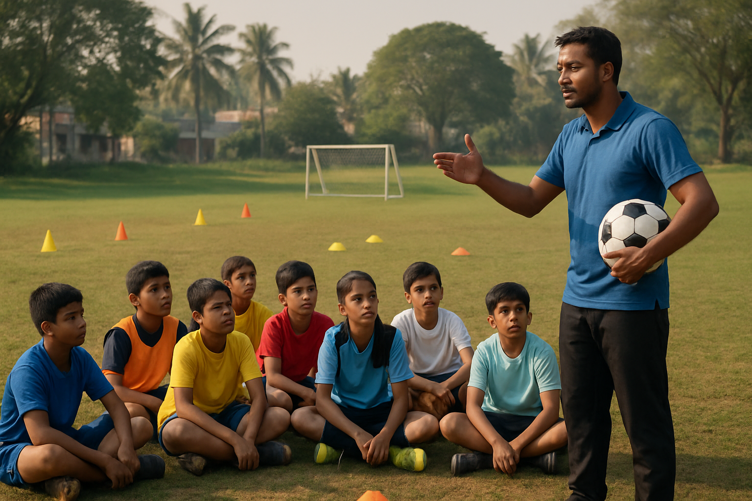coach providing structured training and feedback to young footballers in India