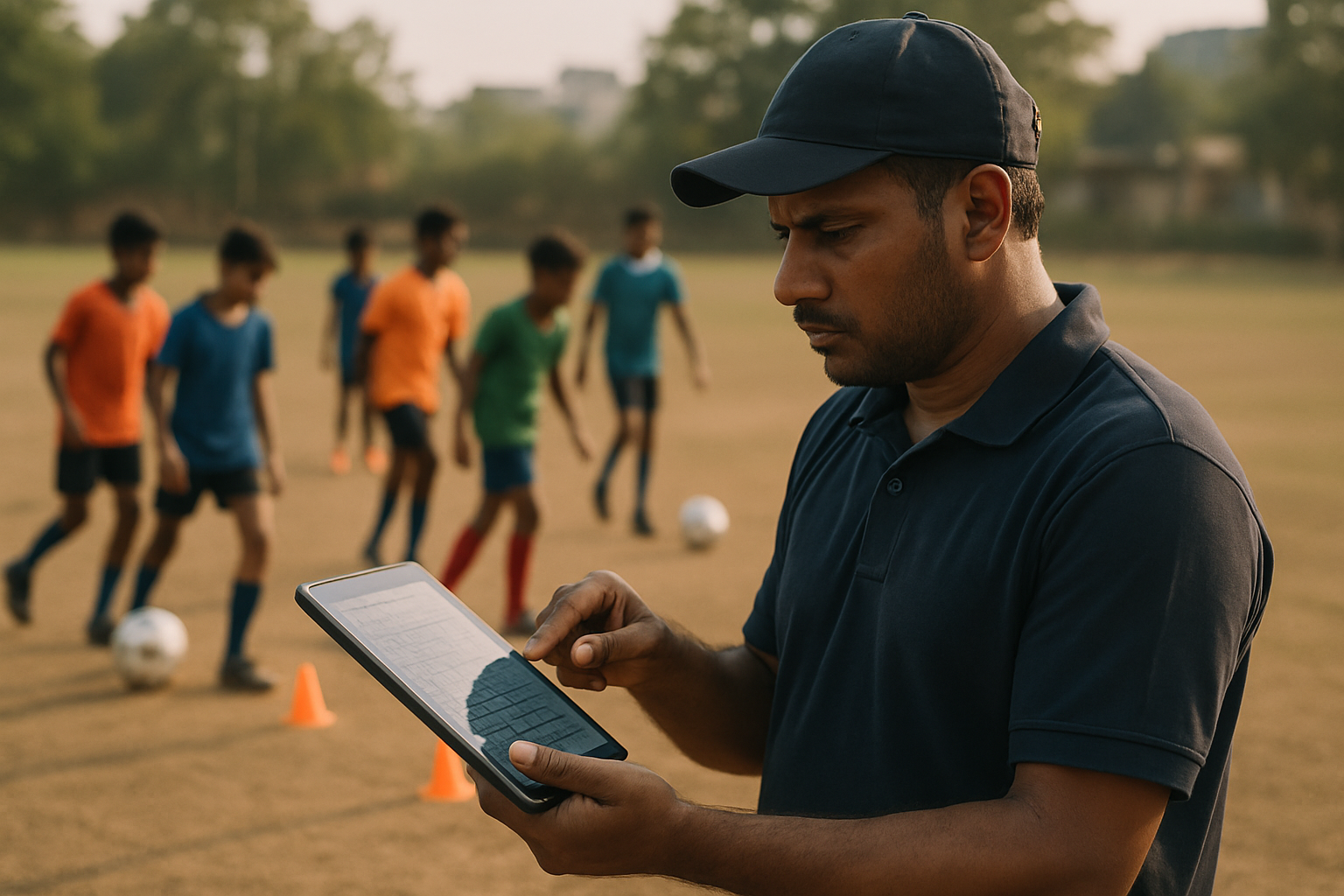 coach managing player attendance and session planning on tablet at grassroots football academy in India