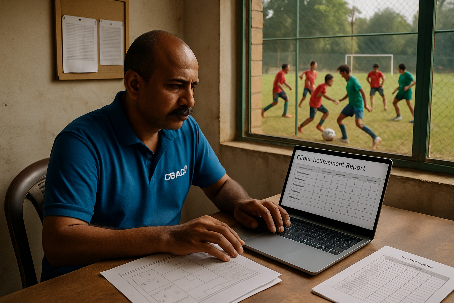 coach reviewing player assessment reports on laptop with grassroot football players training nearby