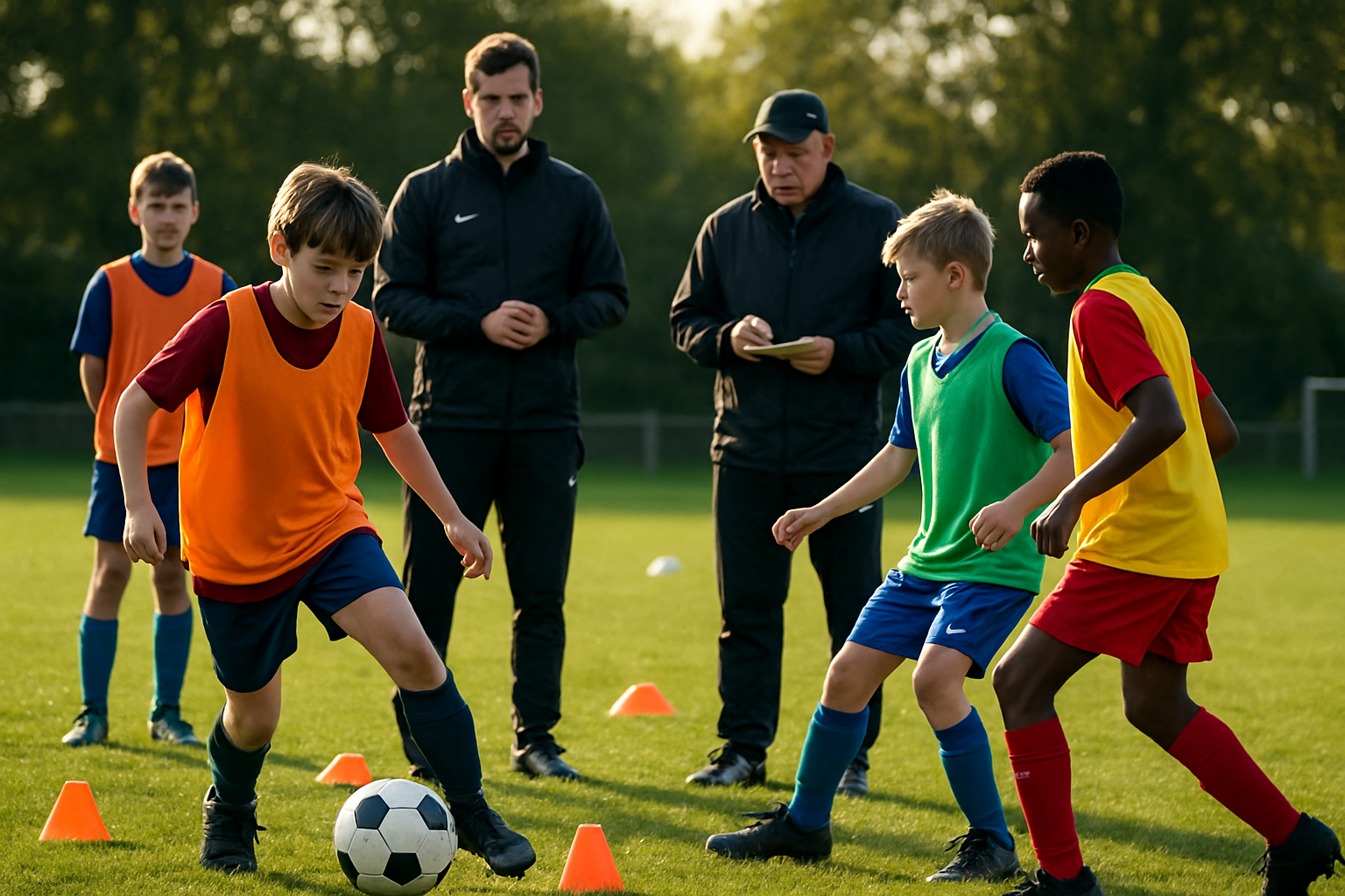 Youth coaches observing and assessing young players during a grassroots football training session