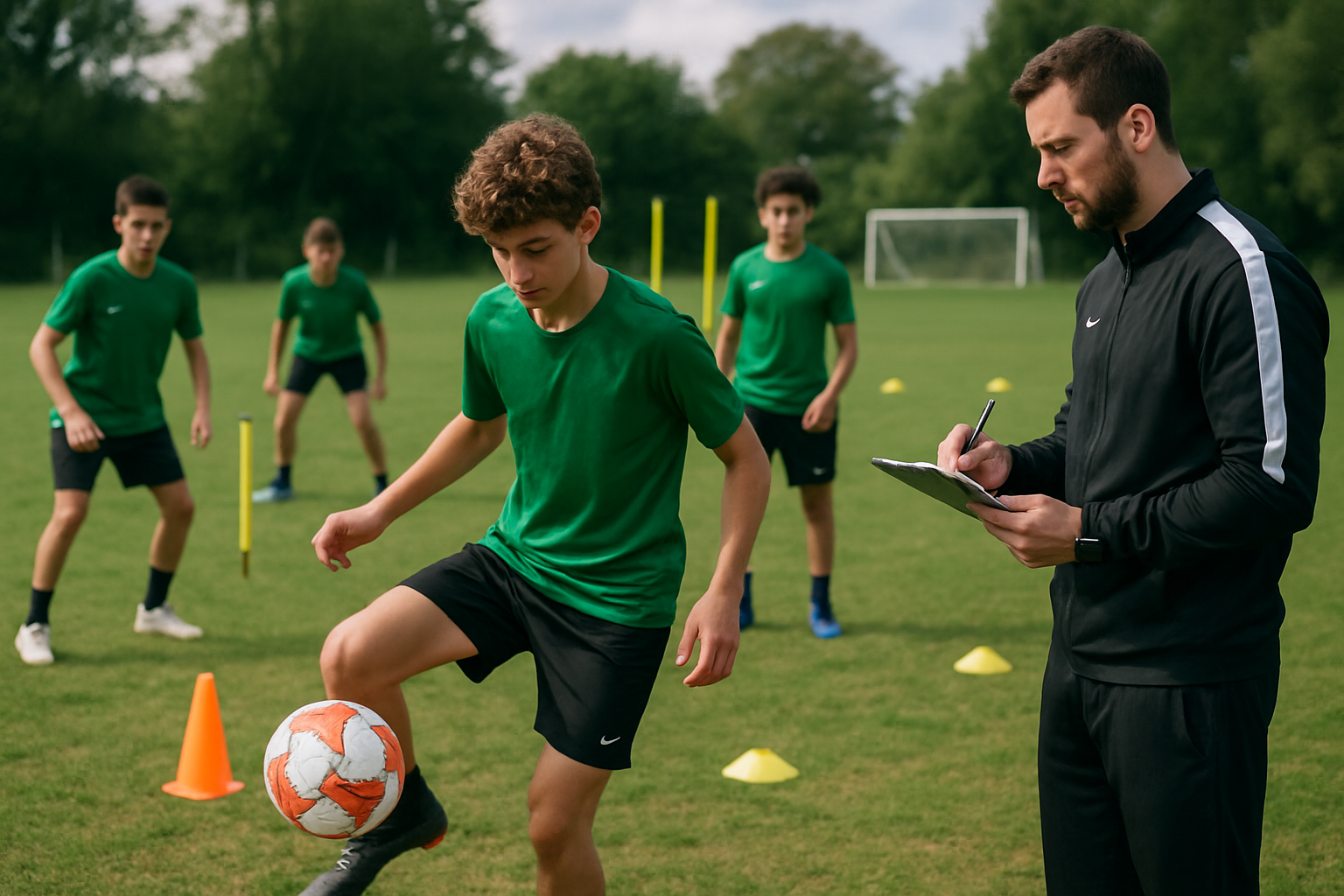 Coach conducting skill assessment drills with youth players using cones and balls in a grassroots football setting