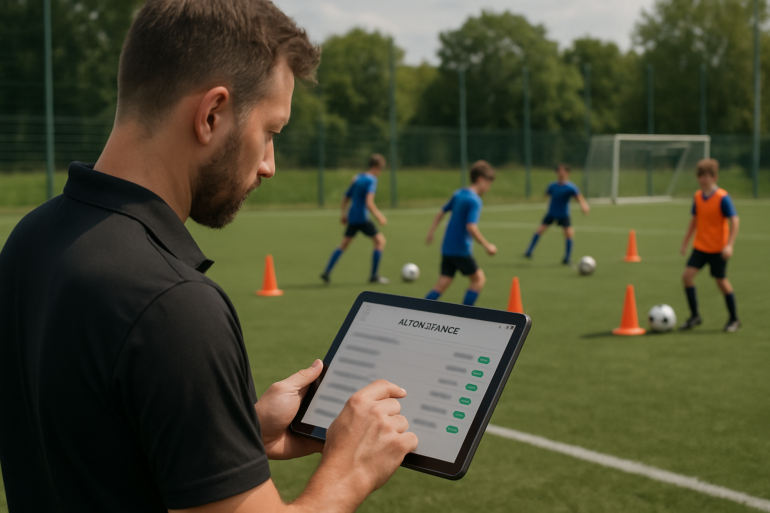 Coach entering attendance and player assessment notes using a tablet during training session