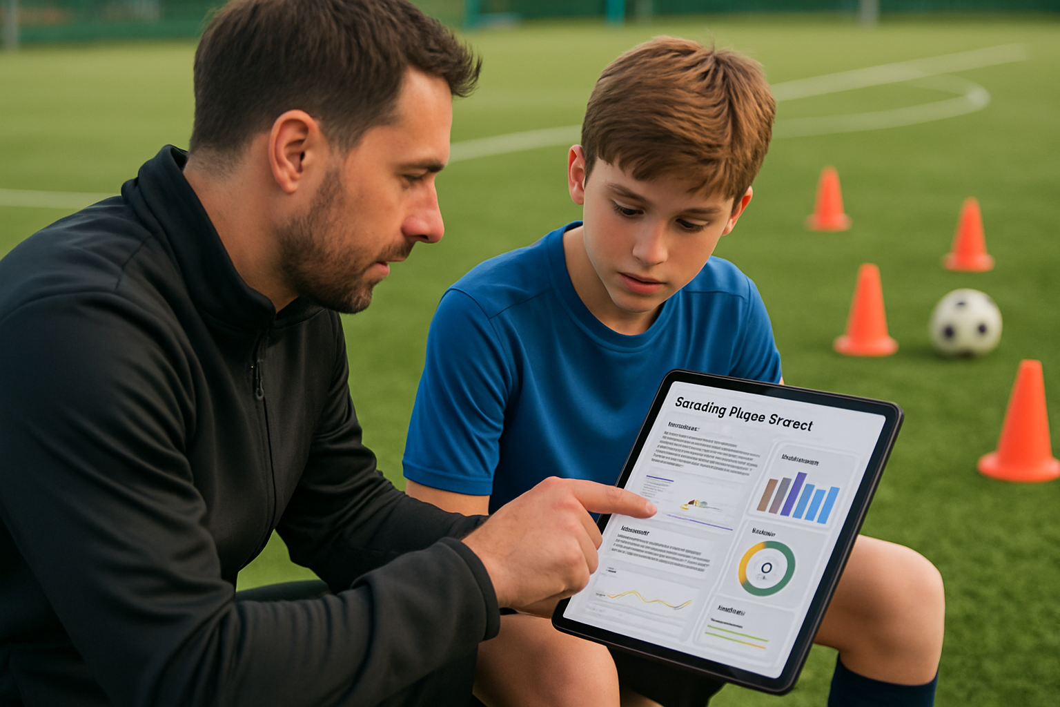 Coach and player reviewing detailed monthly player report on tablet during football training session