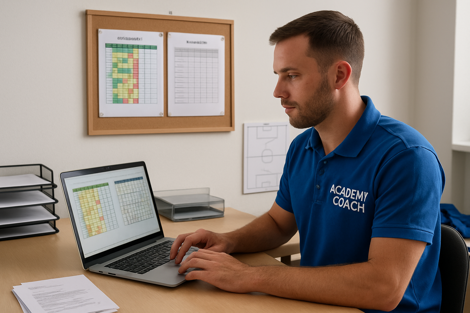 Coach updating player attendance and performance data on laptop during academy session